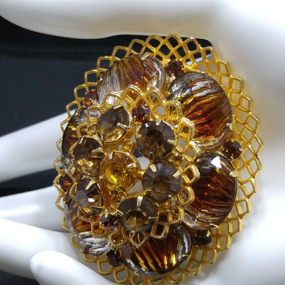Light Dark Topaz Rhinestones Filigree Brooch, Art Glass, Two Tiered Oval Pin